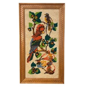 Vintage | Jungle Birds | Needlepoint Framed Wall Art | Wood Frame | 24 x 13